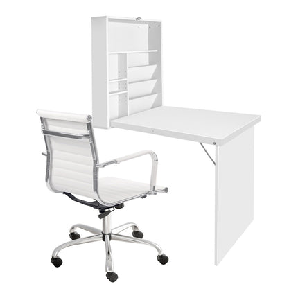 Artiss Computer Desk Office Chair Set PU Leather Wall Mount Foldable Table White 3