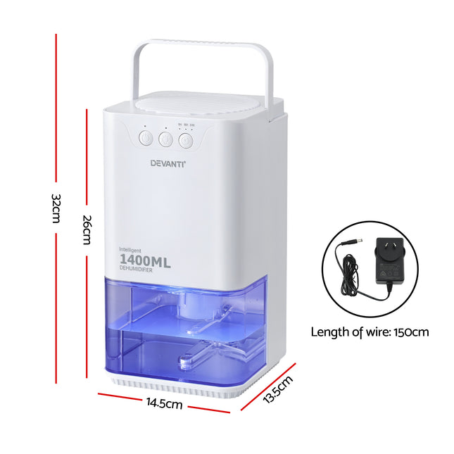 Devanti 1400ML Portable Dehumidifier Quiet Sleep Mode Timer Auto Off Bedroom White 2