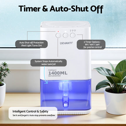 Devanti 1400ML Portable Dehumidifier Quiet Sleep Mode Timer Auto Off Bedroom White 5