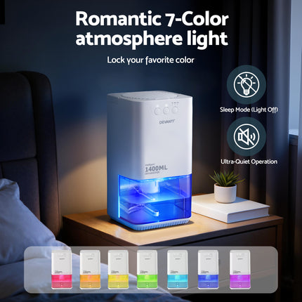Devanti 1400ML Portable Dehumidifier Quiet Sleep Mode Timer Auto Off Bedroom White 6