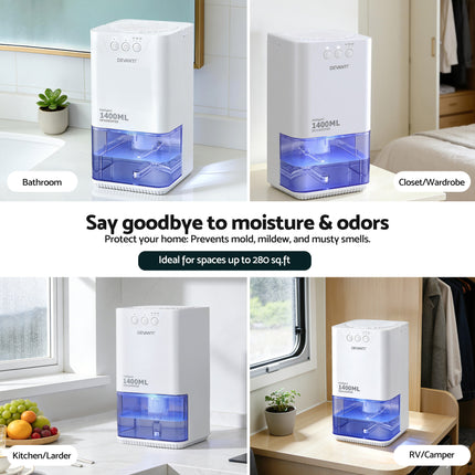 Devanti 1400ML Portable Dehumidifier Quiet Sleep Mode Timer Auto Off Bedroom White 8