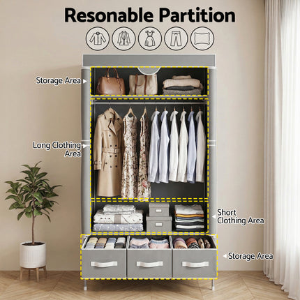 Artiss Large Portable Clothes Closet Wardrobe with Tiebacks Grey 5