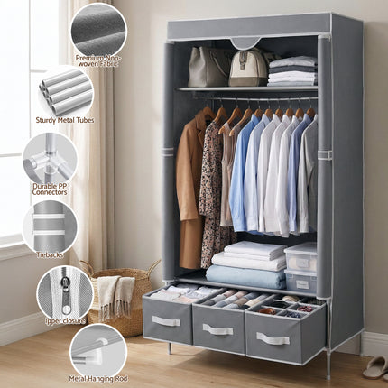 Artiss Large Portable Clothes Closet Wardrobe with Tiebacks Grey 8