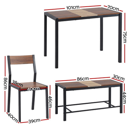 Artiss Dining Table and Chairs Set of 4 Bench Kitchen Furniture Rustic Brown 2