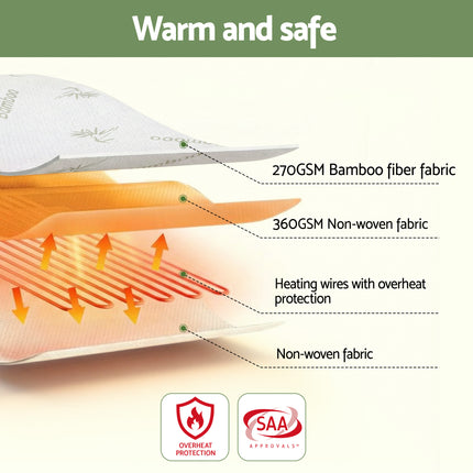 Giselle Electric Blanket Bamboo Fabric Queen Fitted Heated Pad Underlay Washable Winter 7