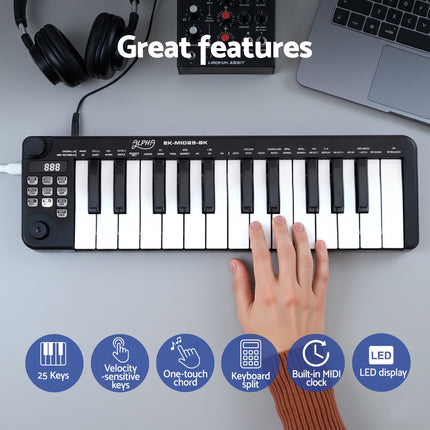 Alpha 25-Key MIDI Keyboard Controller Portable USB Laptop Black