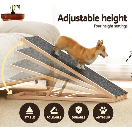 i.Pet Dog Ramp 100cm Adjustable Height Wooden Steps Stairs For Bed Sofa Car Foldable 4