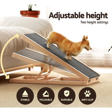 i.Pet Dog Ramp 70cm Adjustable Height Wooden Steps Stairs For Bed Sofa Car Foldable 4