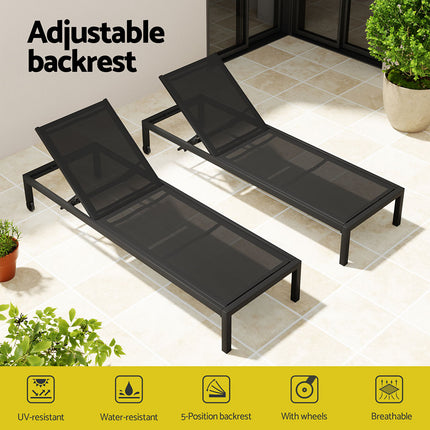 Gardeon Sun Lounge Outdoor Lounger Aluminium Folding Beach Chair Wheels Black 4