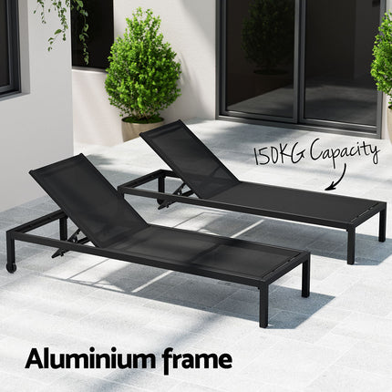 Gardeon Sun Lounge Outdoor Lounger Aluminium Folding Beach Chair Wheels Black 5