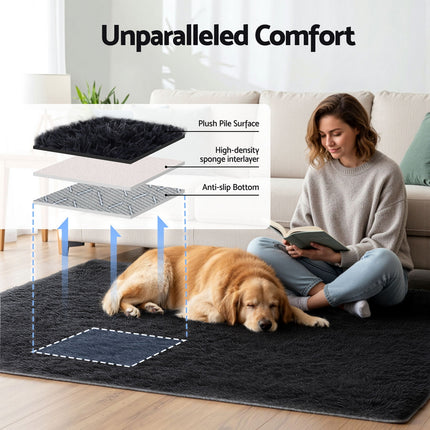 Artiss Floor Rug 140x200cm Plush Area Shaggy Rug Living Room Bedroom Carpet Black 4
