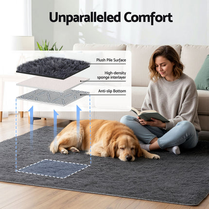 Artiss Floor Rug 140x200cm Plush Area Shaggy Rug Living Room Bedroom Carpet Grey 4