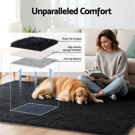 Artiss Floor Rug 160x230cm Plush Area Shaggy Rug Living Room Bedroom Carpet Black 4