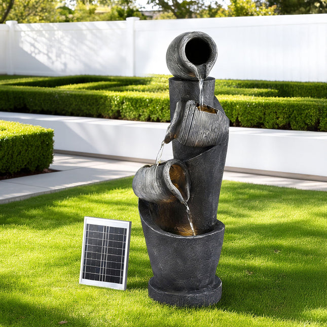 Gardeon Solar Fountain Water Feature Cascading Fountain 3-Tier Pot LED Lights 80CM Grey