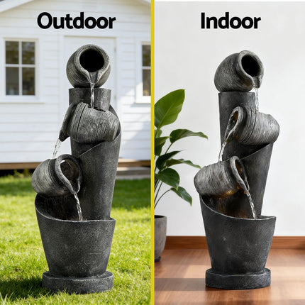 Gardeon Solar Fountain Water Feature Cascading Fountain 3-Tier Pot LED Lights 80CM Grey 4
