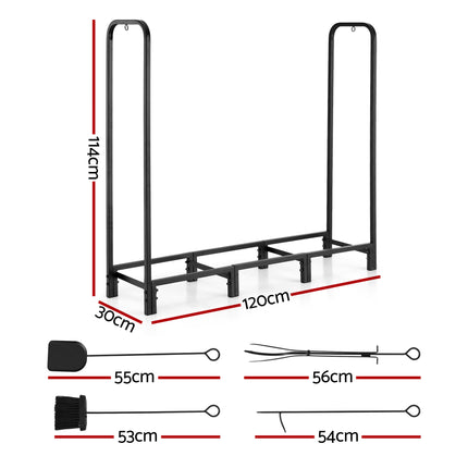 Gardeon Firewood Rack 120cm Wood Rack 3 Sizes Firewood Storage with Tools Black 2