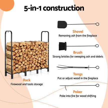 Gardeon Firewood Rack 120cm Wood Rack 3 Sizes Firewood Storage with Tools Black 4