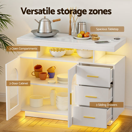 Artiss Buffet Sideboard Cabinet LED Clear Door Kitchen Storage Drawers White 5