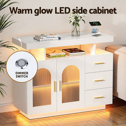 Artiss Buffet Sideboard Cabinet LED Clear Door Kitchen Storage Drawers White 6