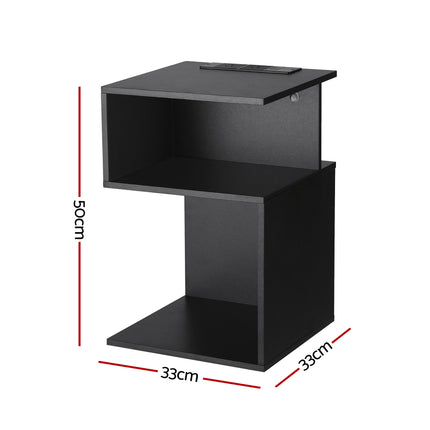 Artiss Bedside Table 2 Shelves S-Shaped Charging Station Black 2