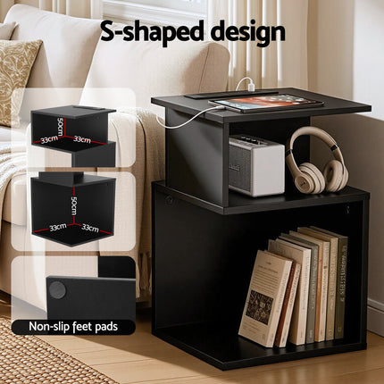Artiss Bedside Table 2 Shelves S-Shaped Charging Station Black 4