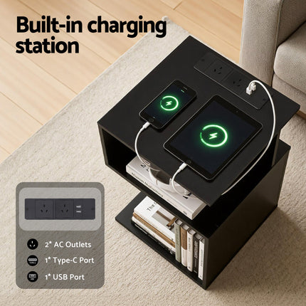 Artiss Bedside Table 2 Shelves S-Shaped Charging Station Black 5