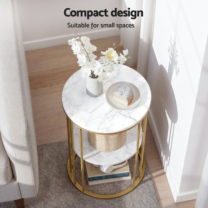 Artiss Coffee Table 2-Tier Round Marble Effect White&Gold