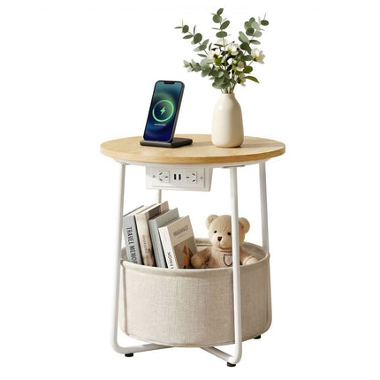 Artiss Round Coffee Table Side End Table Charging Station Storage Basket 2