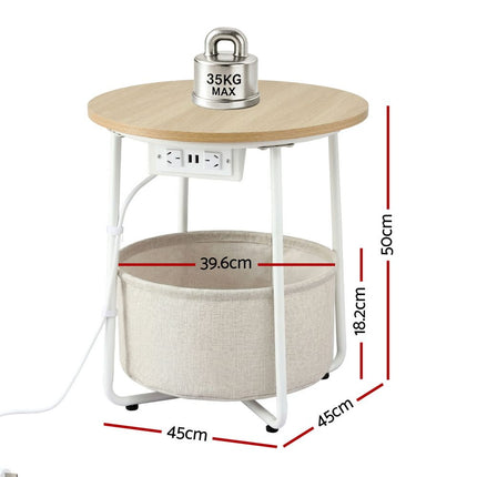 Artiss Round Coffee Table Side End Table Charging Station Storage Basket 3