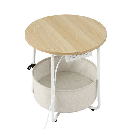 Artiss Round Coffee Table Side End Table Charging Station Storage Basket 4