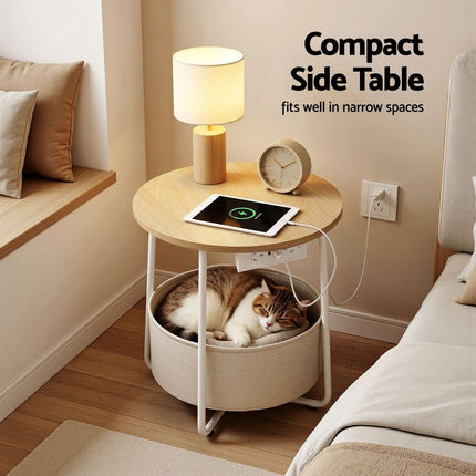 Artiss Round Coffee Table Side End Table Charging Station Storage Basket 5