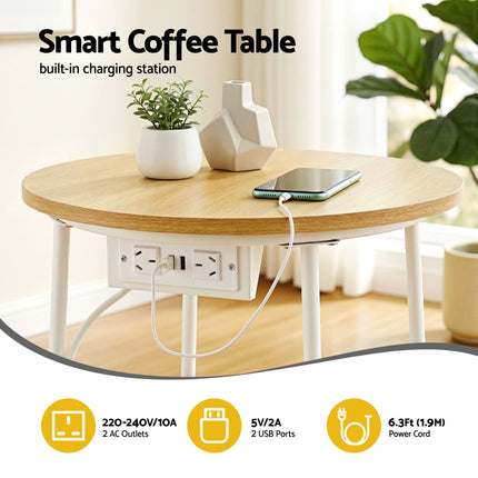 Artiss Round Coffee Table Side End Table Charging Station Storage Basket 6