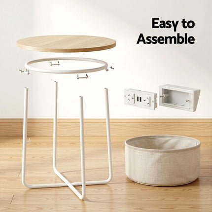 Artiss Round Coffee Table Side End Table Charging Station Storage Basket 8