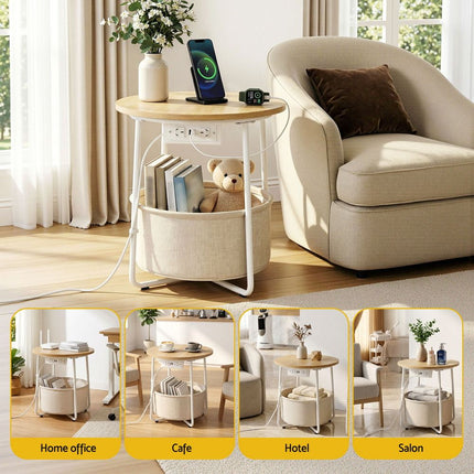 Artiss Round Coffee Table Side End Table Charging Station Storage Basket 9