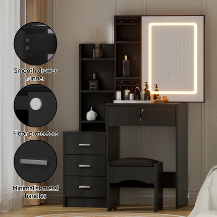 Artiss Dressing Table Vanity Desk Set Stool Led Black 7