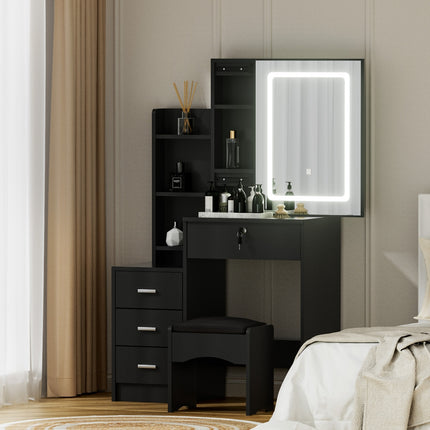 Artiss Dressing Table Vanity Desk Set Stool Led Black 8