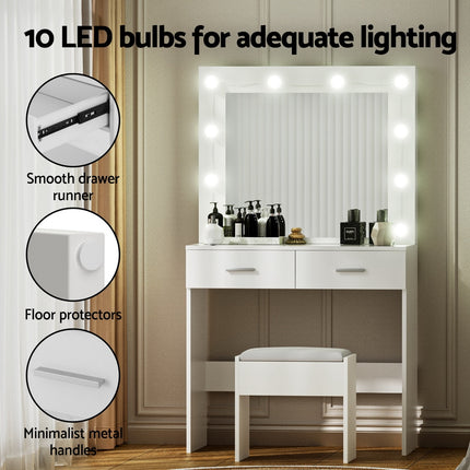 Artiss Dressing Table Vanity Desk Set Stool 10 Led Bulbs White 7