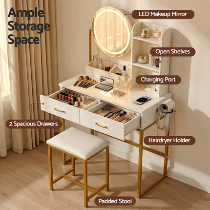 Artiss Dressing Table Vanity Desk Set Stool LED Charging Station White 6