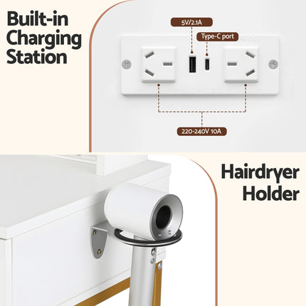 Artiss Dressing Table Vanity Desk Set Stool LED Charging Station White 7