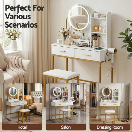 Artiss Dressing Table Vanity Desk Set Stool LED Charging Station White 8