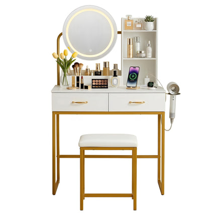 Artiss Dressing Table Vanity Desk Set Stool LED Charging Station White 9