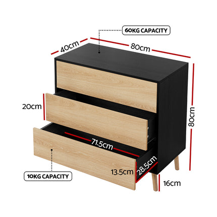 Artiss 3 Chest of Drawers Dresser Table Black&Pine 3