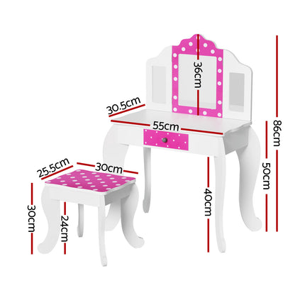 Keezi Kids Dressing Table Vanity Makeup Chair Set Wooden 3 Mirror Drawer Pink 2