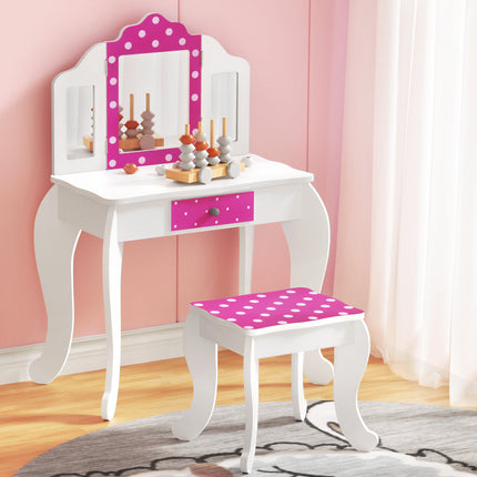 Keezi Kids Dressing Table Vanity Makeup Chair Set Wooden 3 Mirror Drawer Pink 5