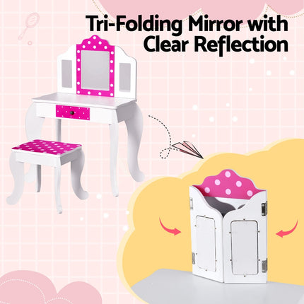 Keezi Kids Dressing Table Vanity Makeup Chair Set Wooden 3 Mirror Drawer Pink 7