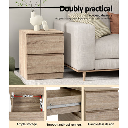 Artiss 2x Bedside Table 2 Drawers - PEPE Oak