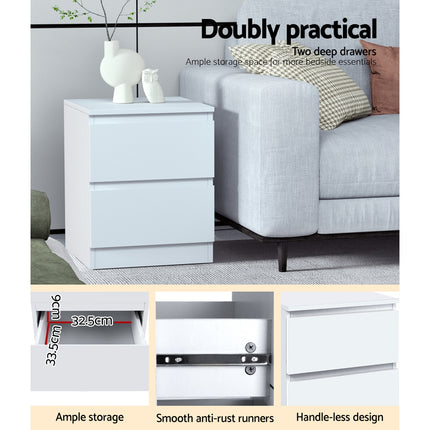 Artiss 2x Bedside Table 2 Drawers - PEPE White