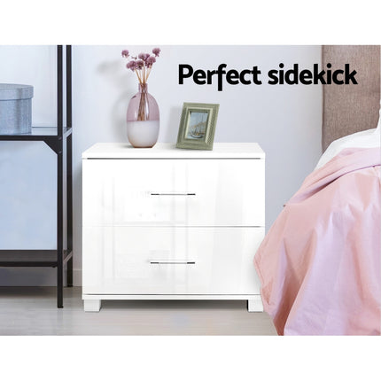 Artiss Bedside Table 2 Drawers High Gloss - White 4
