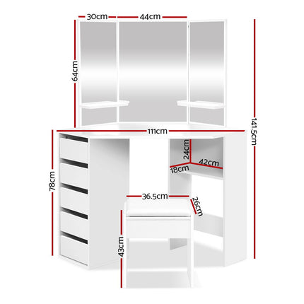 Artiss Dressing Table Stool Set Corner 5 Drawers White 4