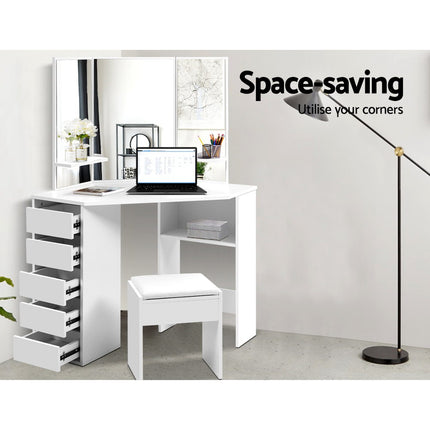Artiss Dressing Table Stool Set Corner 5 Drawers White 5
